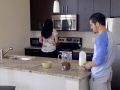 Petite blondie gets stepbrother's sausage for breakfast