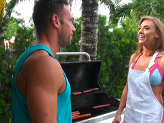 금발의, 흑갈색 머리, 얼굴에, 남편, 나이든, 밀프