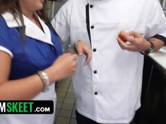 Waitress services the kitchen team with her melons, pussy, and butt