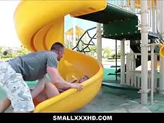 Teenager petite blondie girl screwed after toying on playground