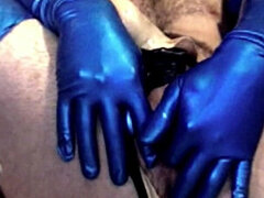 Latex Masked Sub in Stockings Fucks Its Ass with Huge Dildo
