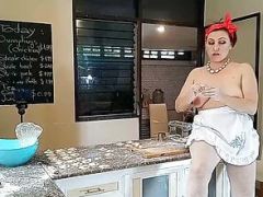 Nudist housekeeper Regina Noir cooking at the kitchen. Undressed maid makes dumplings. Undressed cooks. Part 3