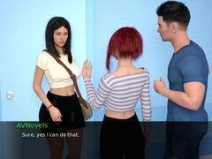 Busty brunette plays a visual novel game on PC