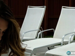 Watch Britt James get her big ass soaked in a poolside bikini solo action