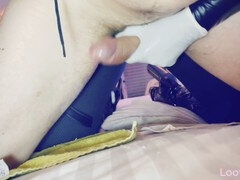 Domme in latex gloves pegs sub with strapon for massive cumshot!