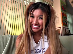 Petite Asian cheerleader treats dick with magic hands in POV