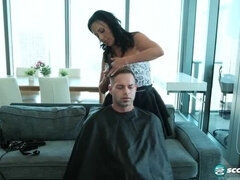 Lucky Client Gets Haircut and Blowjob from Sexy Mature Brunette Abi James