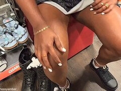 Shoe store secretary gets an eyeful from a hot girl in a short skirt with no panties while helping her out