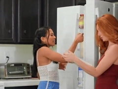 Red-haired and Asian girlfriends use dildo to get off