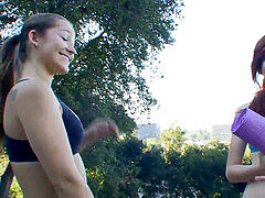 Sporty brunettes boink indoors after yoga session