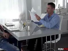 Blonde MILF stepmom sucks a stepsons dick in front of a stepdad