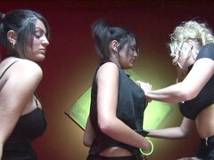 Busty blondes Michelle Thorne and Kat Lee play with dildos and eat each other's pussies on the billiards table