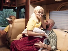 Blonde hitchhiker fucks with a horny man in that camper