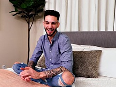 Skinny stud with piercings and tattoos jerks off cock and cums at casting