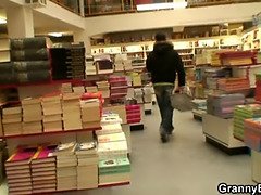 Busty bookworm bitch seduced into blowjob and cock riding