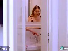 Big-titted blonde Candy has a ridiculously sexy body, and she fucks the plumber until she gets her rack coated.