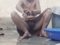 Village stepsister Sukunmi strips down and bathes in the courtyard while her stepbrother admires her sexy body