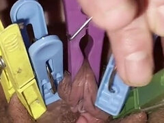 Pussy and clit bdsm with clothespins