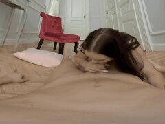 Brunette slut Keira Flow hot blowjob in hallway