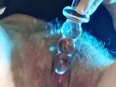 Playing with my hairy holes and cock - butt plug and glass dildo, double penetration in my hairy pussy and ass