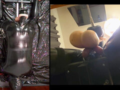 Session in the Pillory with Latex Catsuit, Pa Chastity, Giant Didildo and Estim