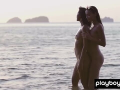 Petite brunette bikini babes stripping at the beach