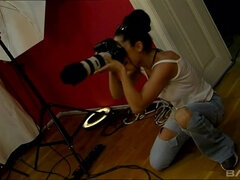 금발의, 흑갈색 머리, 사정 샷, 얼굴에, 유리들, 쓰리섬