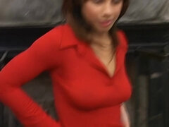 Watch this exotic chick with saggy boobs shake her big dick and get a cumshot in POV