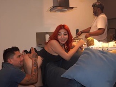 Busty Latina Celeste Alba Gets Fucked by Muscular Guy While Hubby Watches - Cuckold Sex in Living Room
