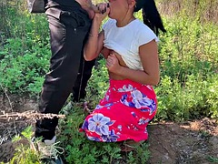 Doggy style creampie with blowjob in nature from girl in dress
