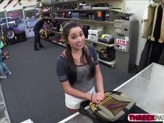 Hot natural busted college girl sells an exotic dance at pawn shop