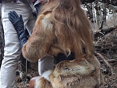 Outdoor sex with a redhead teen in a winter forest. Risky public fucking