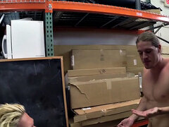 Blond pawnshop bottom fucked in stockroom by owners