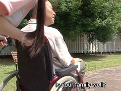 Subtitled weird asian half nude caregiver outdoors