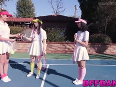 Dark haired tennis babes fed cum point of view after fucking foursome