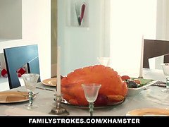 Step siblings Angel Smalls & Savana Styles suck and fuck stepbro during dinner