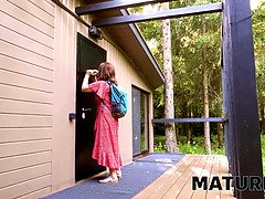Watch as mature redhead Iris N gets her shaved pussy stuffed with stranger's hard cock in sauna