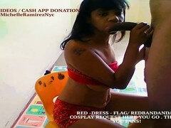 Cosplay red bandana outfit on exotic ebony beauty Boricualovenyc giving a deep blowjob to a big dick