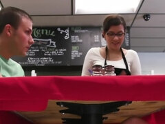 Young Latina woman Melissa Moore gives a blowjob in the cafe