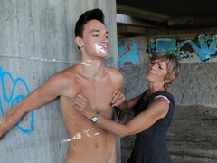 Horny GILF tapes her young fucker to suck him off