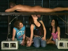 Milking table blowjob from CFNM cuties that want to drain him