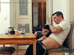 Daddy4k. small-titted brunette is masterfully cheating on her boyfriend in the next room