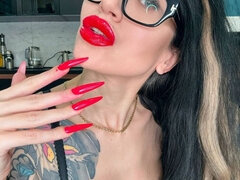 Bright Red Long Nails, Finger Sucking, Black Lace Lingerie