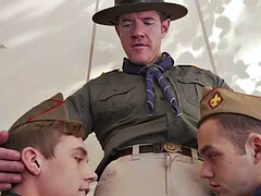 Gaydaddy scout bareback fucks twinks with glasses in threesome in tent