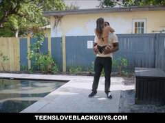 Petite blonde teen with small tits gets her mouth filled with a huge black cock