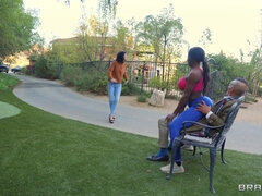 Ebony Mystique fucks old asian man in the park