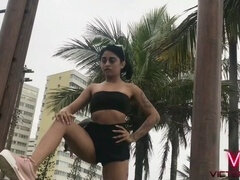 Amateur, Plage, Brésilienne, Petite amie, Petite femme, Chatte, Jarretelles, Nénés