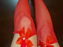 Really Sexy Legs with Tiny Sexy Asian Feet with Long Toes Red Stockings