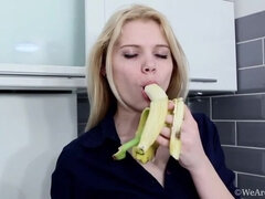 Blonde Amuza's Hairy Striptease in the Kitchen with Lingerie & Banana