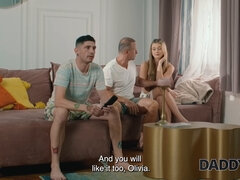 Watch George Uhl's hot blonde babe cheat on her boyfriend with her old and young stepdad in HD!